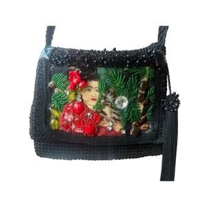 Rare Frida Kahlo Inspired 3D Beaded Crossbody Bag Black Crochet Tassel Boho Art